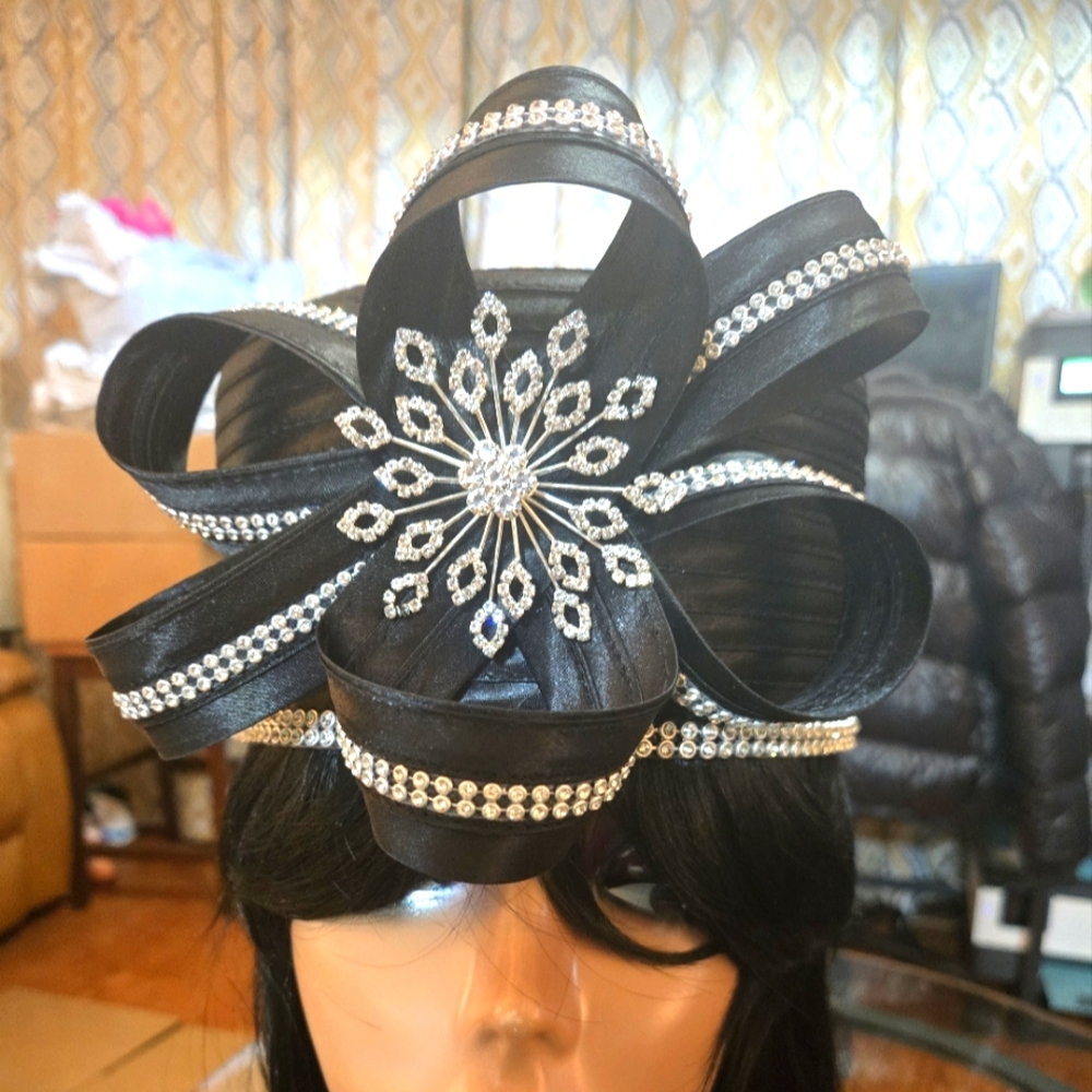 Dramatic Black And Silver Hat With Rhinestone Emb… - image 1